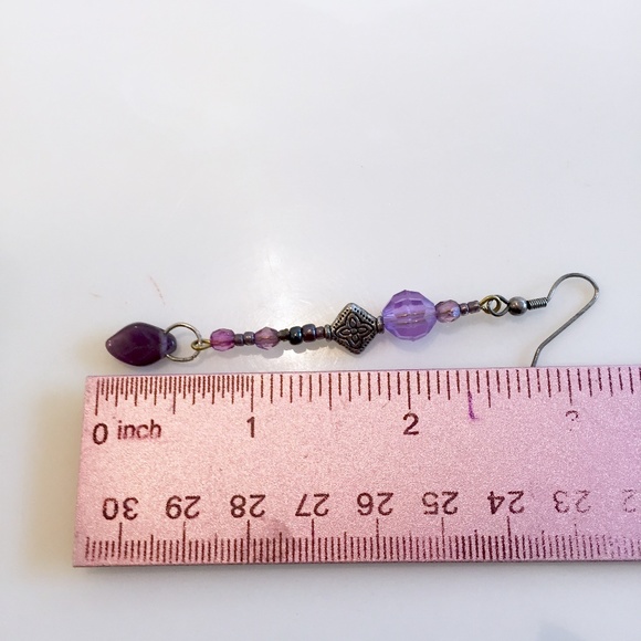 Purple Silver Tone Beaded Drop Dangle Earrings - Picture 6 of 6